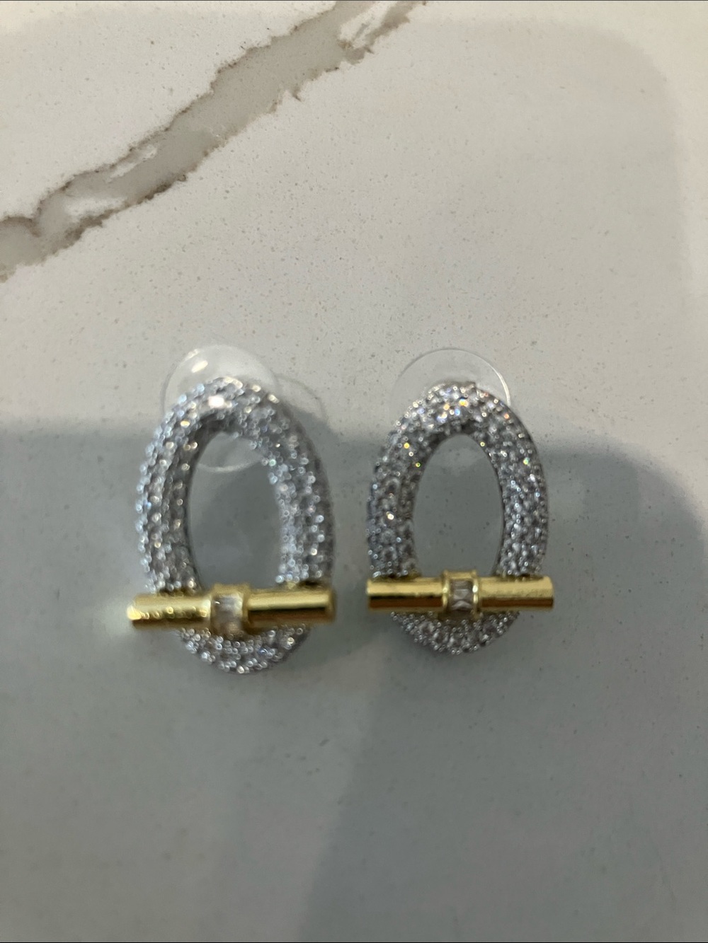 Oval Crystal Pavé Drop Earrings with Gold Bar Accent - Silver/Gold